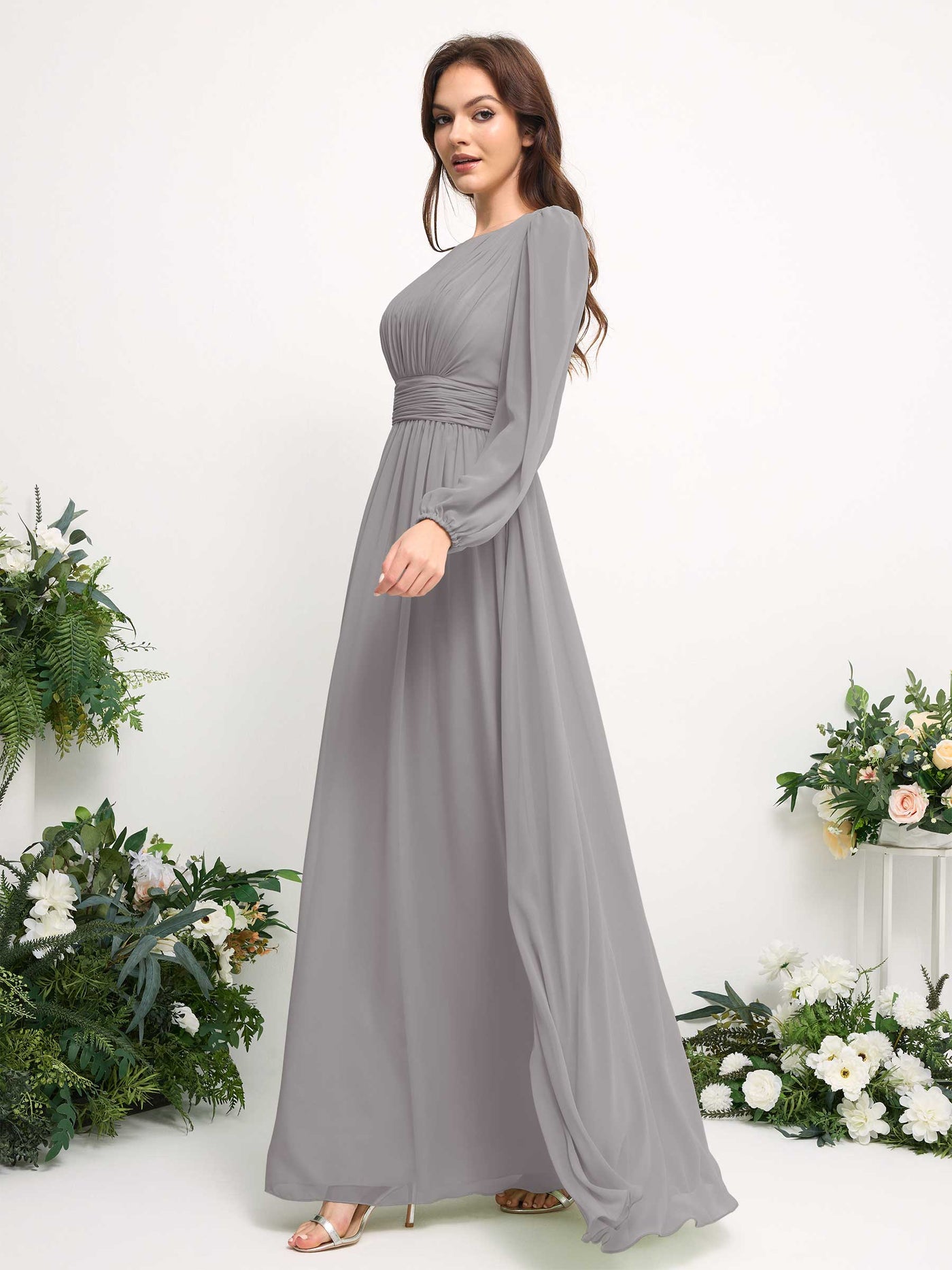 Carlyna A-Linien-Kleid mit U-Boot-Ausschnitt Chiffon Langarmkleid für Brautjungfer Taube #farbe_taube