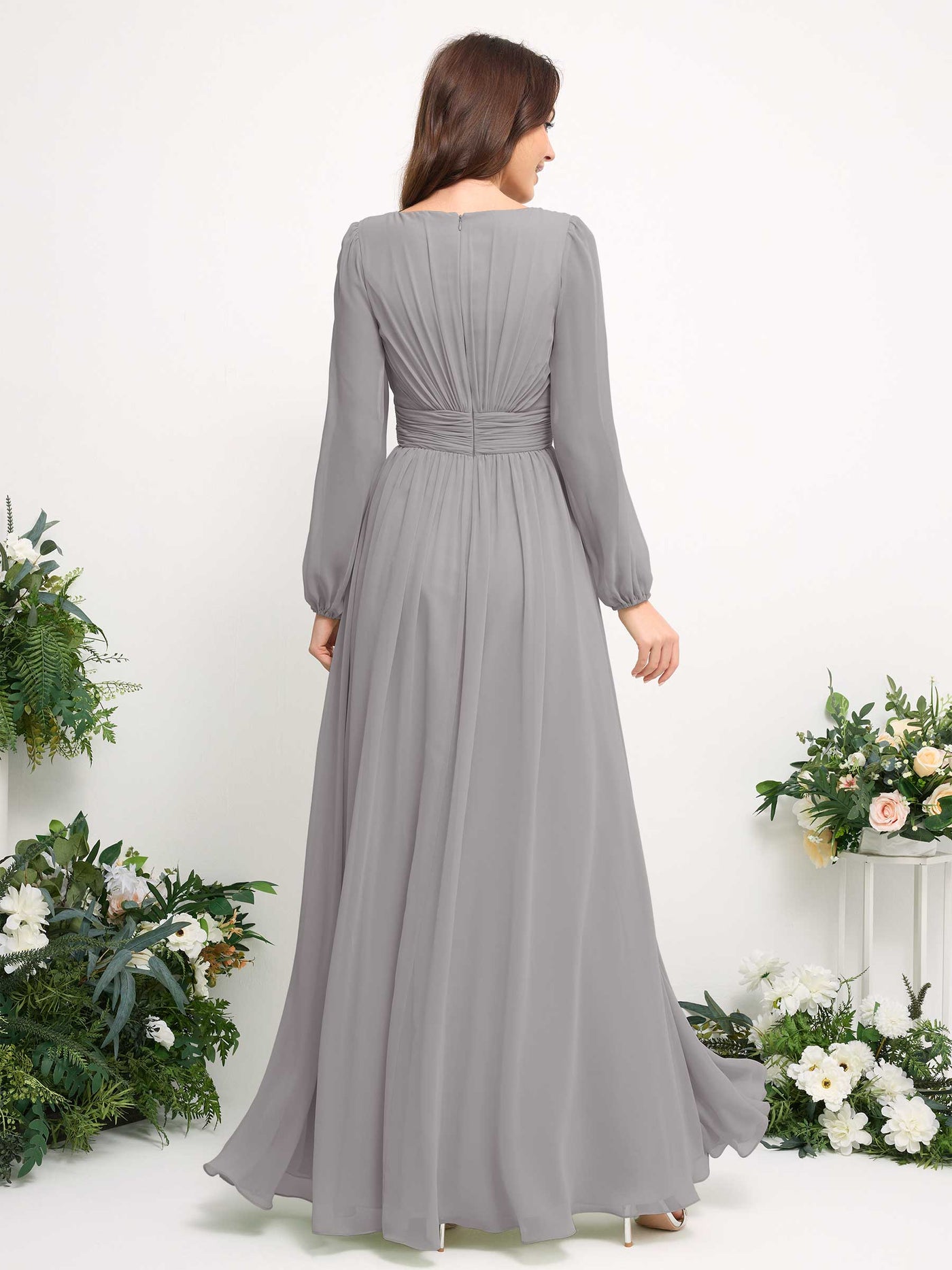 Carlyna A-Linien-Kleid mit U-Boot-Ausschnitt Chiffon Langarmkleid für Brautjungfer Taube #farbe_taube