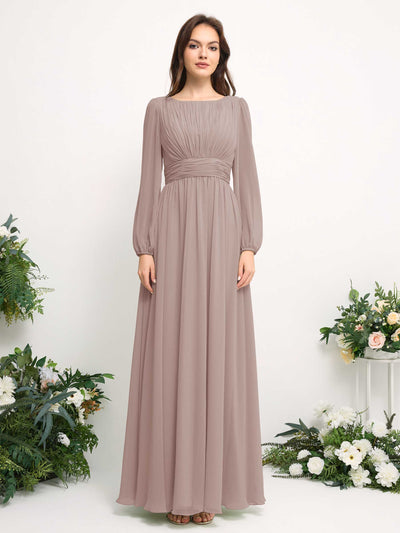 Carlyna A-Linien-Kleid mit U-Boot-Ausschnitt Chiffon Langarmkleid für Brautjungfer Taupe #farbe_taupe