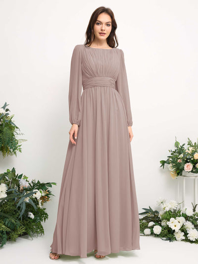 Carlyna A-Linien-Kleid mit U-Boot-Ausschnitt Chiffon Langarmkleid für Brautjungfer Taupe #farbe_taupe