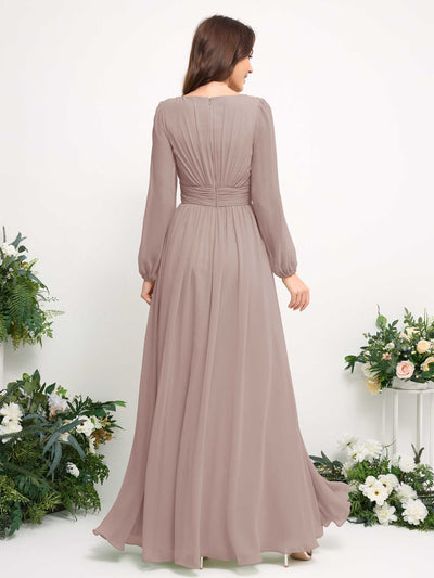 Carlyna A-Linien-Kleid mit U-Boot-Ausschnitt Chiffon Langarmkleid für Brautjungfer Taupe #farbe_taupe