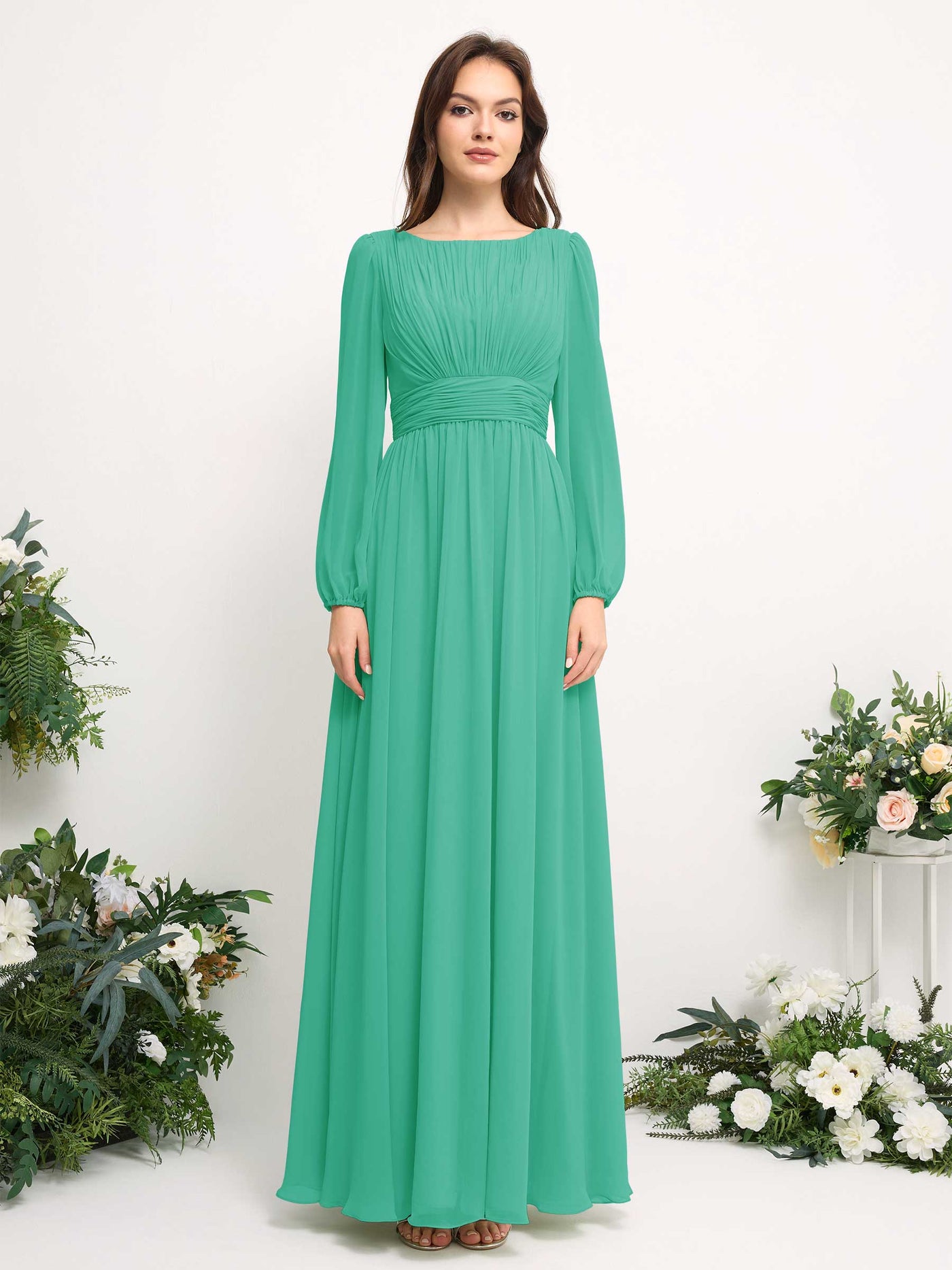 Carlyna A-Linien-Kleid mit U-Boot-Ausschnitt Chiffon Langarmkleid für Brautjungfer Tiffany-Blau #farbe_tiffany-blau