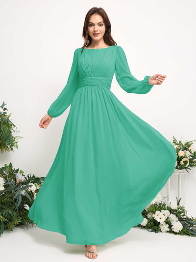Carlyna A-Linien-Kleid mit U-Boot-Ausschnitt Chiffon Langarmkleid für Brautjungfer Tiffany-Blau #farbe_tiffany-blau