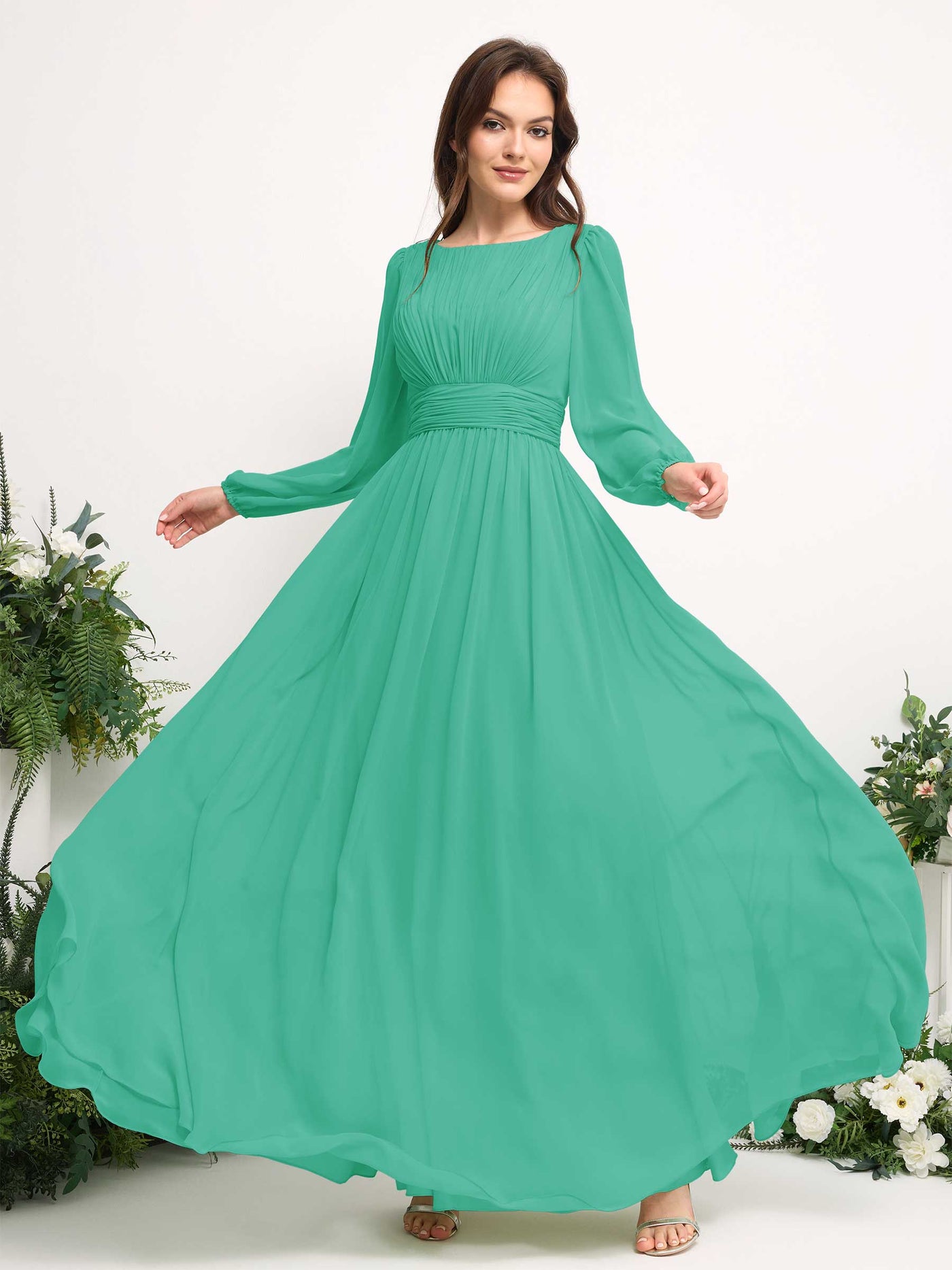 Carlyna A-Linien-Kleid mit U-Boot-Ausschnitt Chiffon Langarmkleid für Brautjungfer Tiffany-Blau #farbe_tiffany-blau