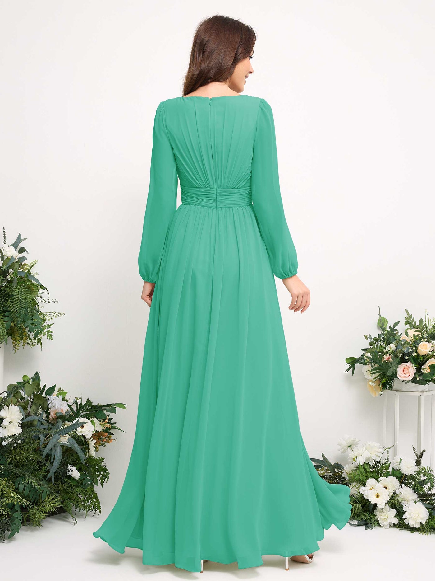Carlyna A-Linien-Kleid mit U-Boot-Ausschnitt Chiffon Langarmkleid für Brautjungfer Tiffany-Blau #farbe_tiffany-blau