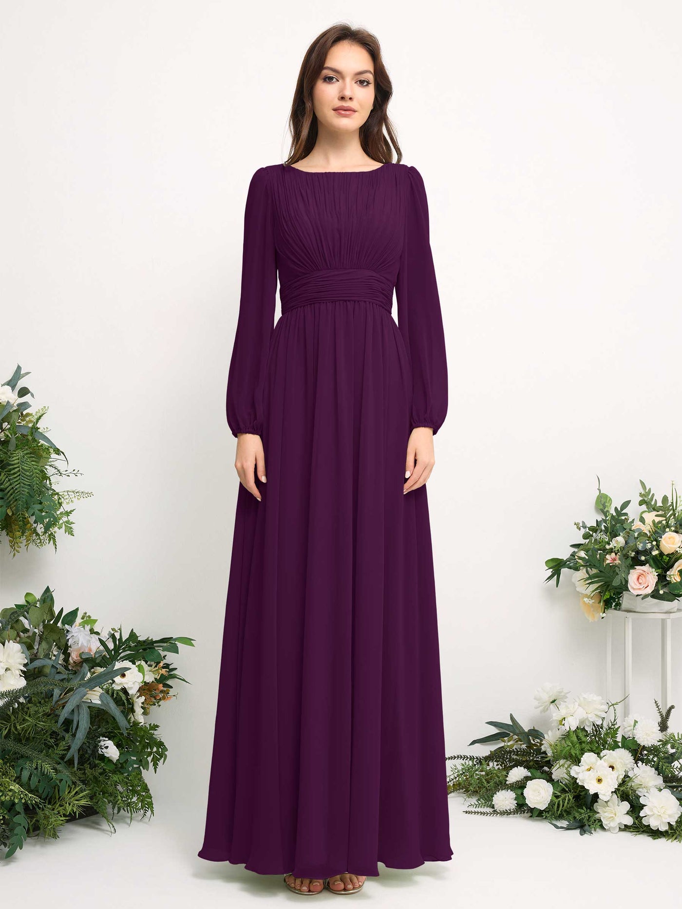 Carlyna A-Linien-Kleid mit U-Boot-Ausschnitt Chiffon Langarmkleid für Brautjungfer Traube #farbe_traube