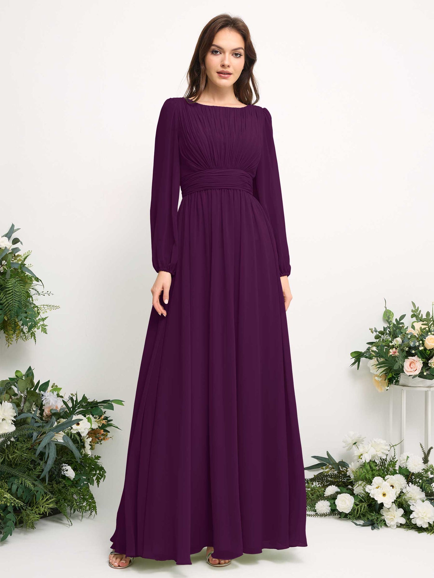 Carlyna A-Linien-Kleid mit U-Boot-Ausschnitt Chiffon Langarmkleid für Brautjungfer Traube #farbe_traube