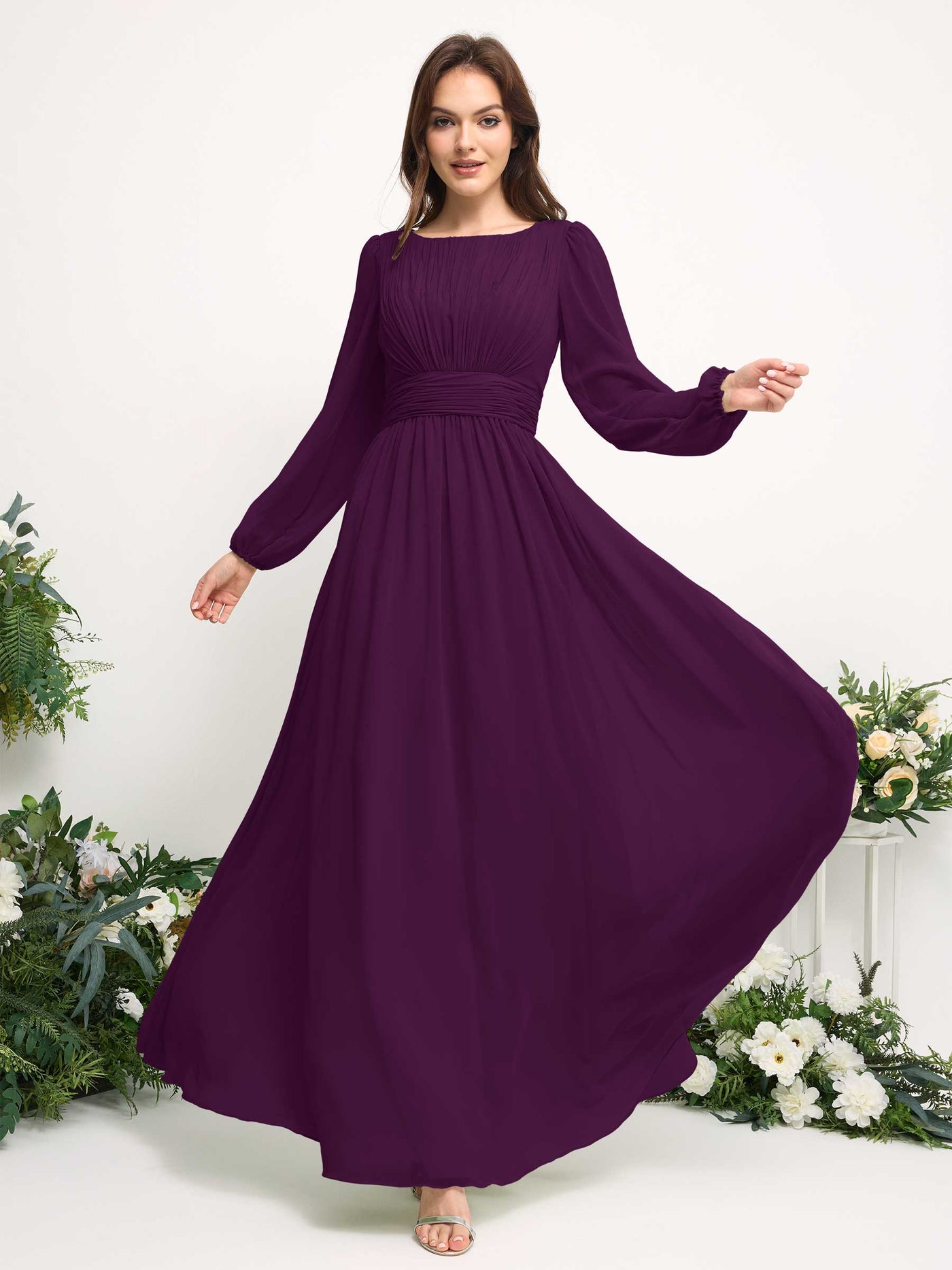 Carlyna A-Linien-Kleid mit U-Boot-Ausschnitt Chiffon Langarmkleid für Brautjungfer Traube #farbe_traube