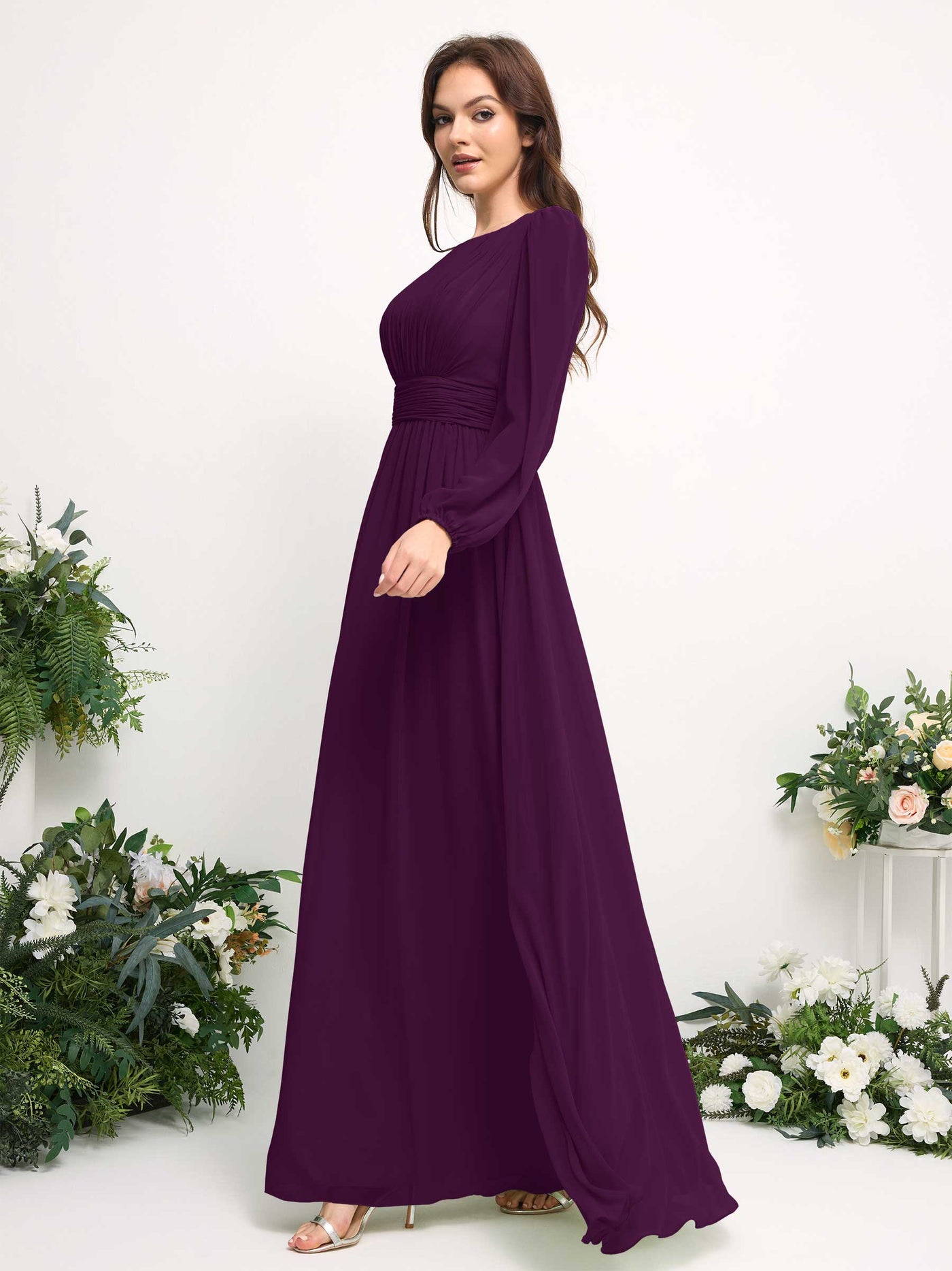 Carlyna A-Linien-Kleid mit U-Boot-Ausschnitt Chiffon Langarmkleid für Brautjungfer Traube #farbe_traube
