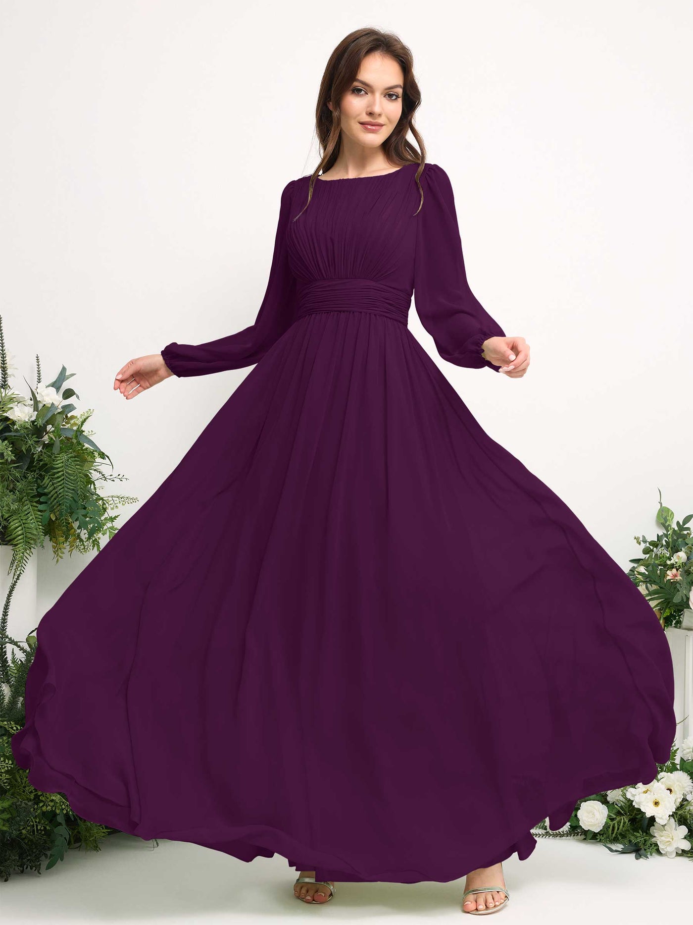 Carlyna A-Linien-Kleid mit U-Boot-Ausschnitt Chiffon Langarmkleid für Brautjungfer Traube #farbe_traube