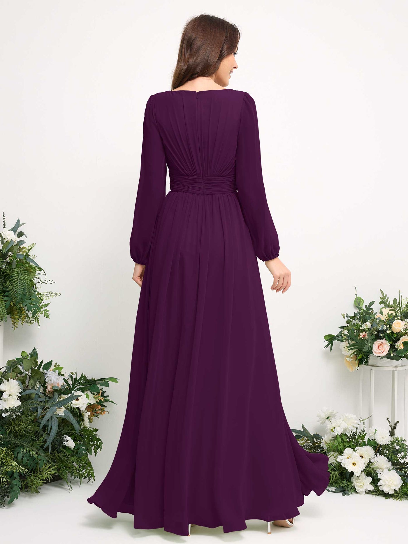 Carlyna A-Linien-Kleid mit U-Boot-Ausschnitt Chiffon Langarmkleid für Brautjungfer Traube #farbe_traube