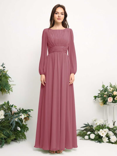 Carlyna A-Linien-Kleid mit U-Boot-Ausschnitt Chiffon Langarmkleid für Brautjungfer Wüstenrose #farbe_w-stenrose