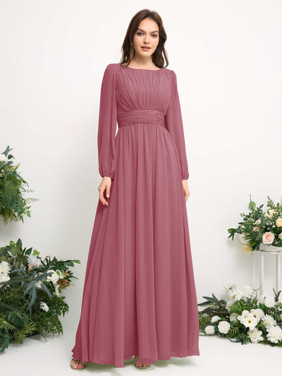 Carlyna A-Linien-Kleid mit U-Boot-Ausschnitt Chiffon Langarmkleid für Brautjungfer Wüstenrose #farbe_w-stenrose