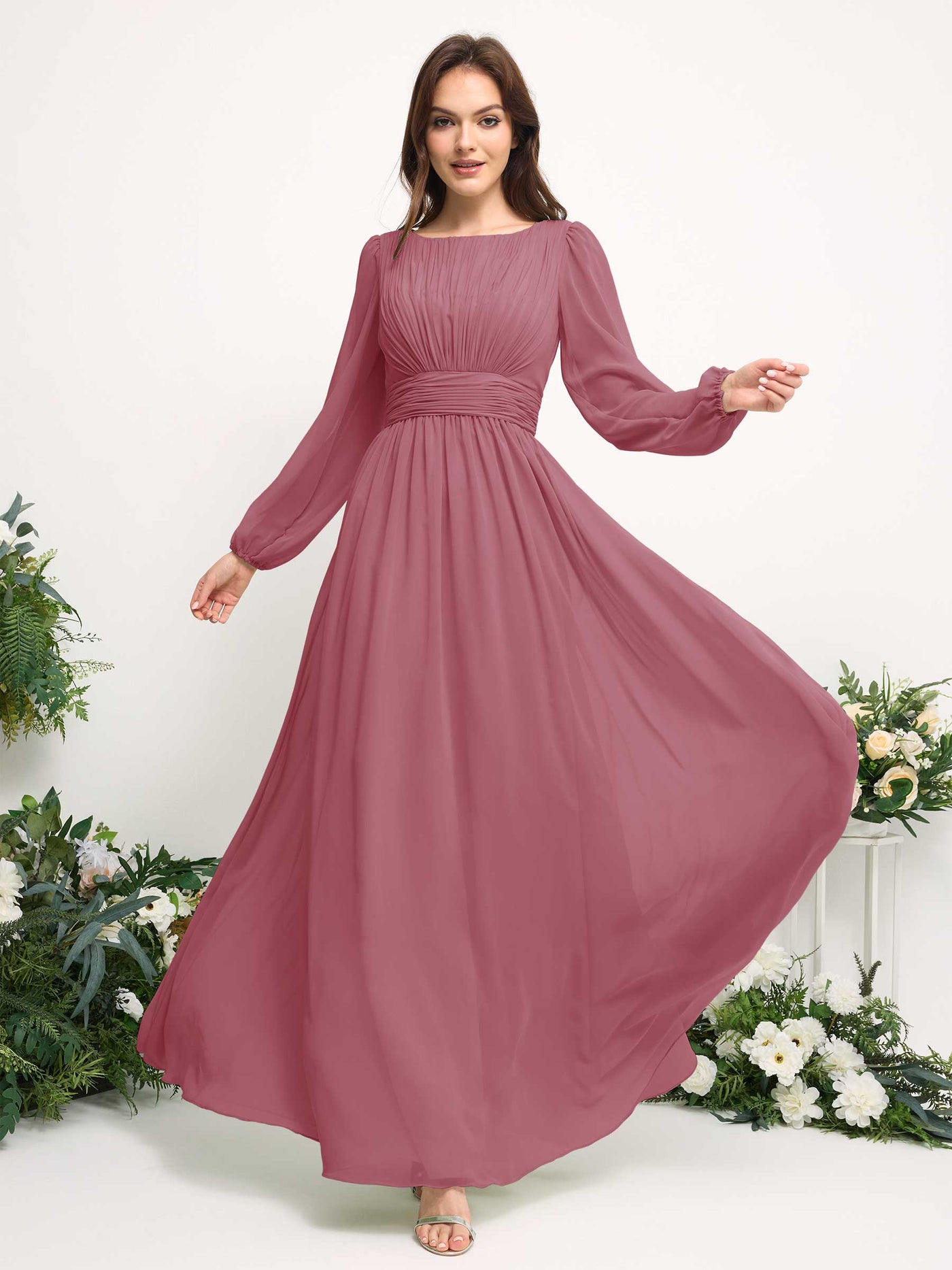 Carlyna A-Linien-Kleid mit U-Boot-Ausschnitt Chiffon Langarmkleid für Brautjungfer Wüstenrose #farbe_w-stenrose