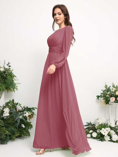Carlyna A-Linien-Kleid mit U-Boot-Ausschnitt Chiffon Langarmkleid für Brautjungfer Wüstenrose #farbe_w-stenrose