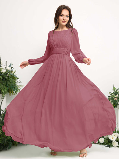 Carlyna A-Linien-Kleid mit U-Boot-Ausschnitt Chiffon Langarmkleid für Brautjungfer Wüstenrose #farbe_w-stenrose