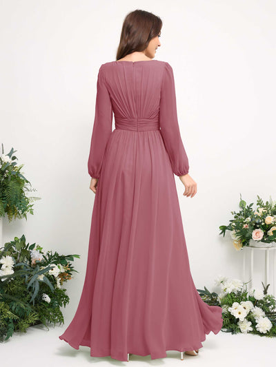 Carlyna A-Linien-Kleid mit U-Boot-Ausschnitt Chiffon Langarmkleid für Brautjungfer Wüstenrose #farbe_w-stenrose