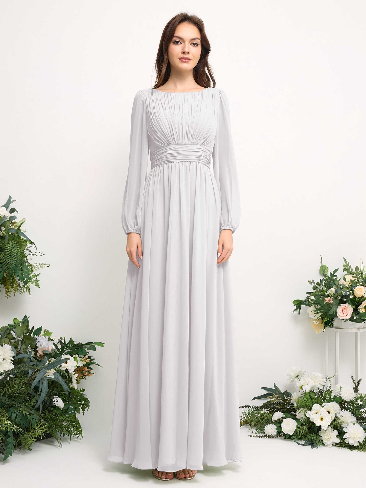 Carlyna A-Linien-Kleid mit U-Boot-Ausschnitt Chiffon Langarmkleid für Brautjungfer Weiß #farbe_wei