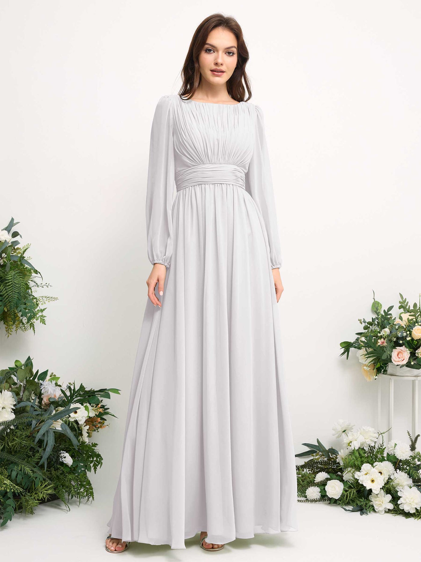Carlyna A-Linien-Kleid mit U-Boot-Ausschnitt Chiffon Langarmkleid für Brautjungfer Weiß #farbe_wei