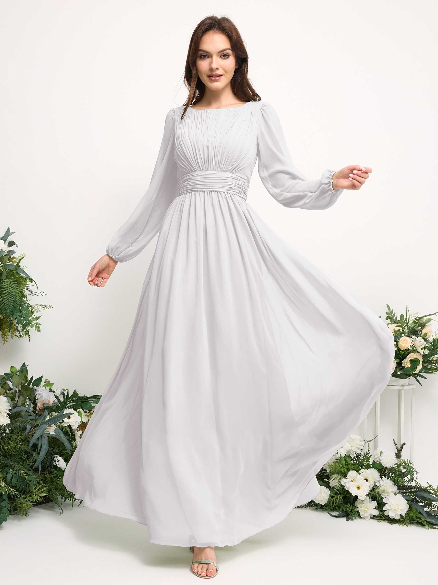 Carlyna A-Linien-Kleid mit U-Boot-Ausschnitt Chiffon Langarmkleid für Brautjungfer Weiß #farbe_wei