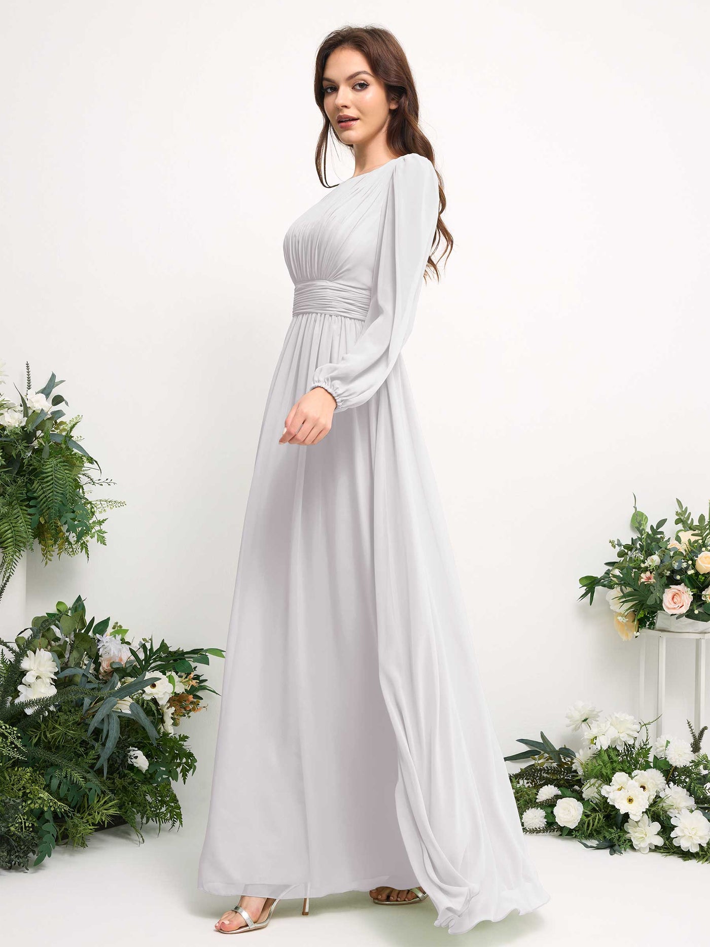 Carlyna A-Linien-Kleid mit U-Boot-Ausschnitt Chiffon Langarmkleid für Brautjungfer Weiß #farbe_wei