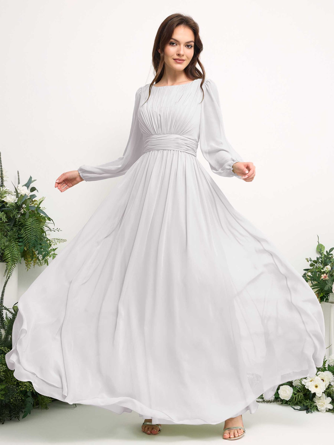 Carlyna A-Linien-Kleid mit U-Boot-Ausschnitt Chiffon Langarmkleid für Brautjungfer Weiß #farbe_wei