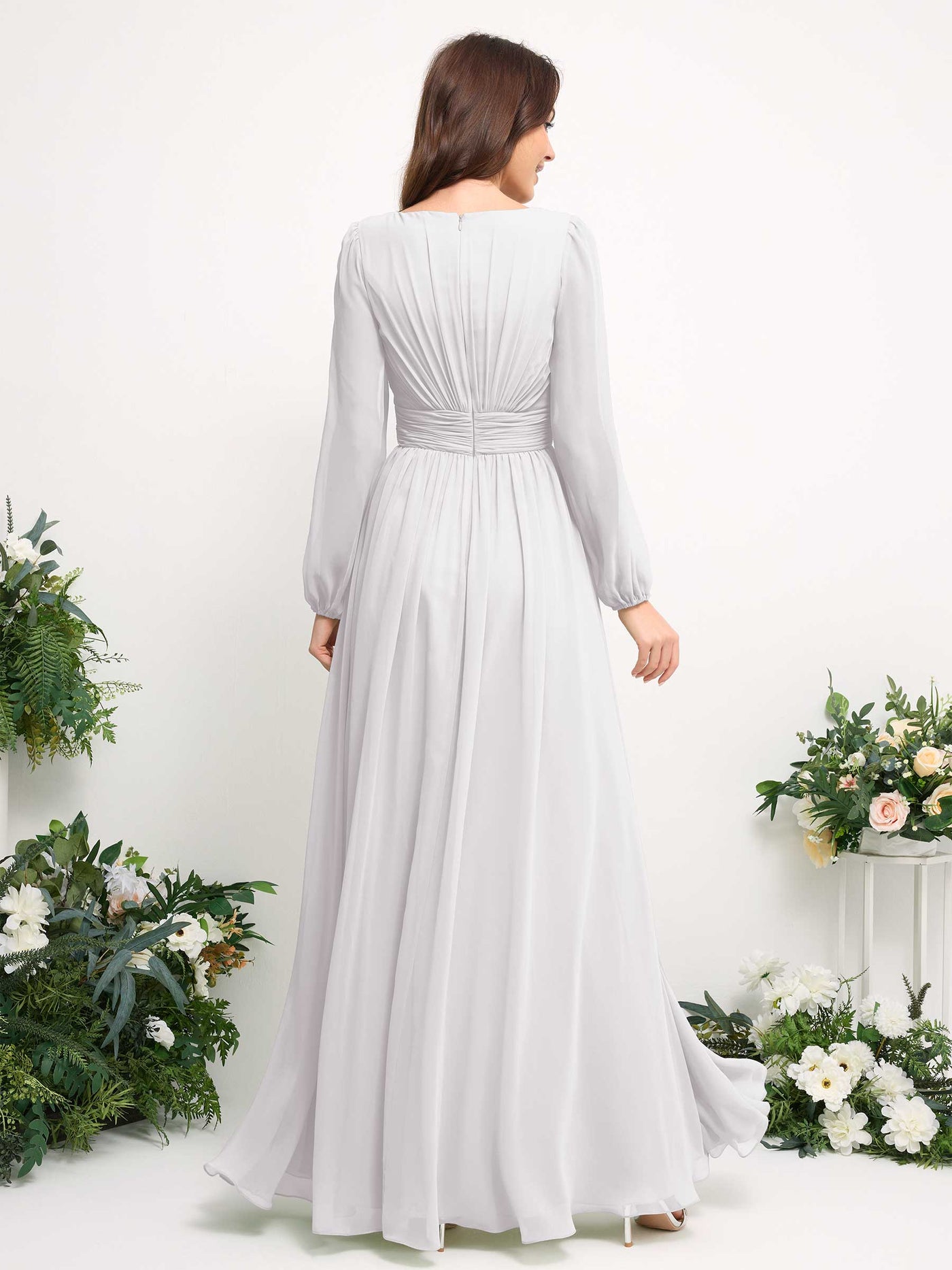 Carlyna A-Linien-Kleid mit U-Boot-Ausschnitt Chiffon Langarmkleid für Brautjungfer Weiß #farbe_wei
