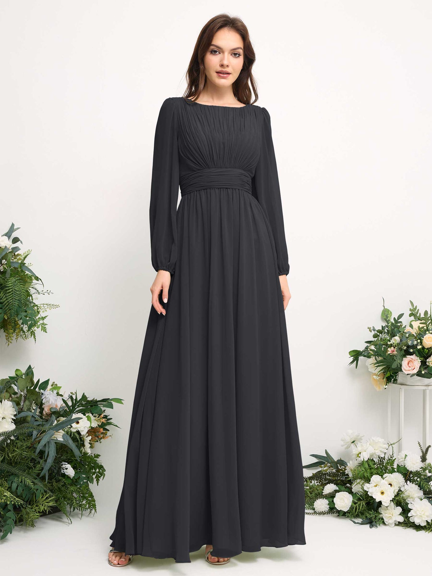 Carlyna A-Linien-Kleid mit U-Boot-Ausschnitt Chiffon Langarmkleid für Brautjungfer Zinnfarben #farbe_zinnfarben