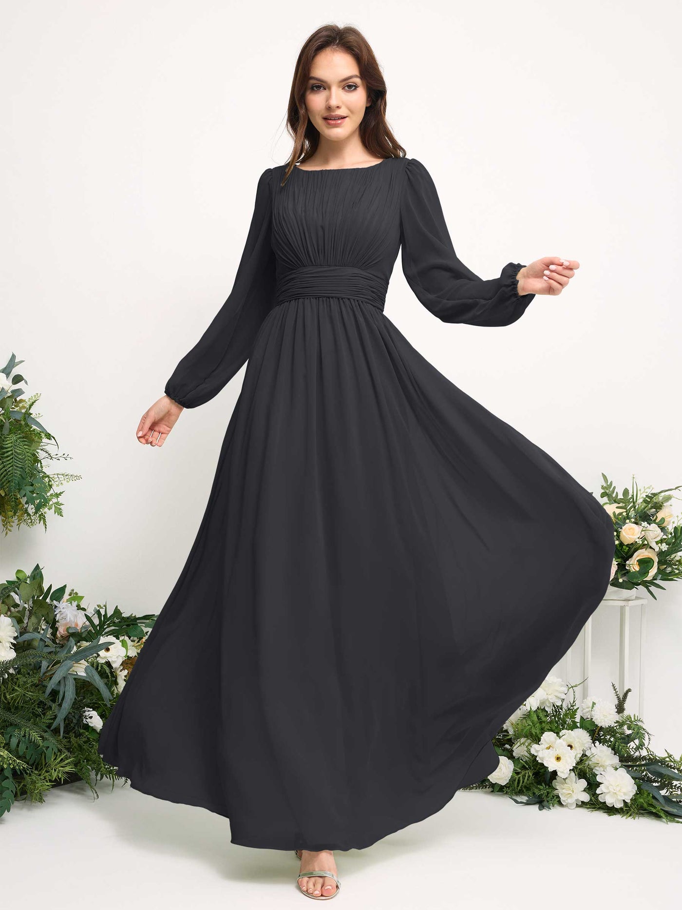 Carlyna A-Linien-Kleid mit U-Boot-Ausschnitt Chiffon Langarmkleid für Brautjungfer Zinnfarben #farbe_zinnfarben