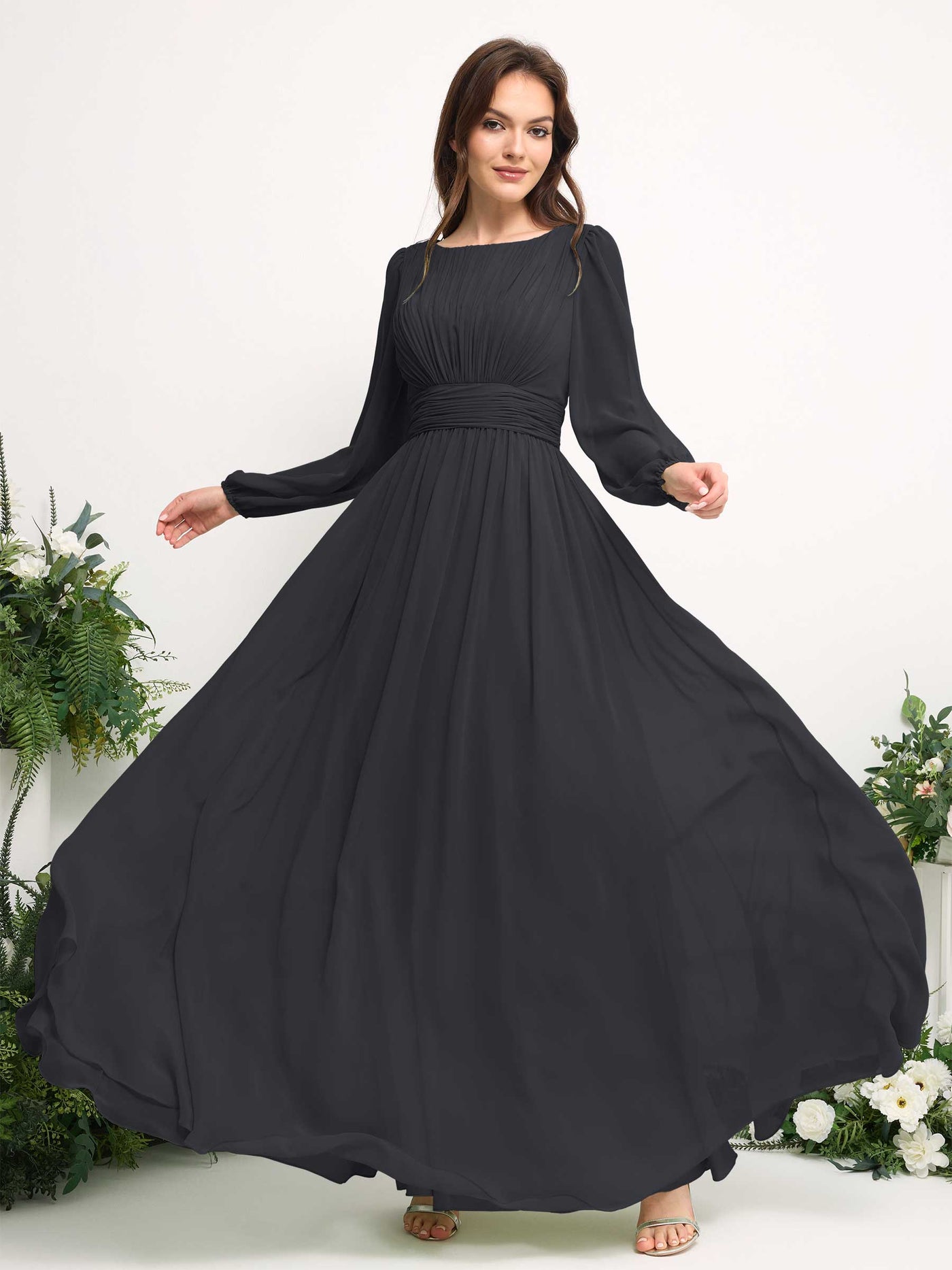 Carlyna A-Linien-Kleid mit U-Boot-Ausschnitt Chiffon Langarmkleid für Brautjungfer Zinnfarben #farbe_zinnfarben