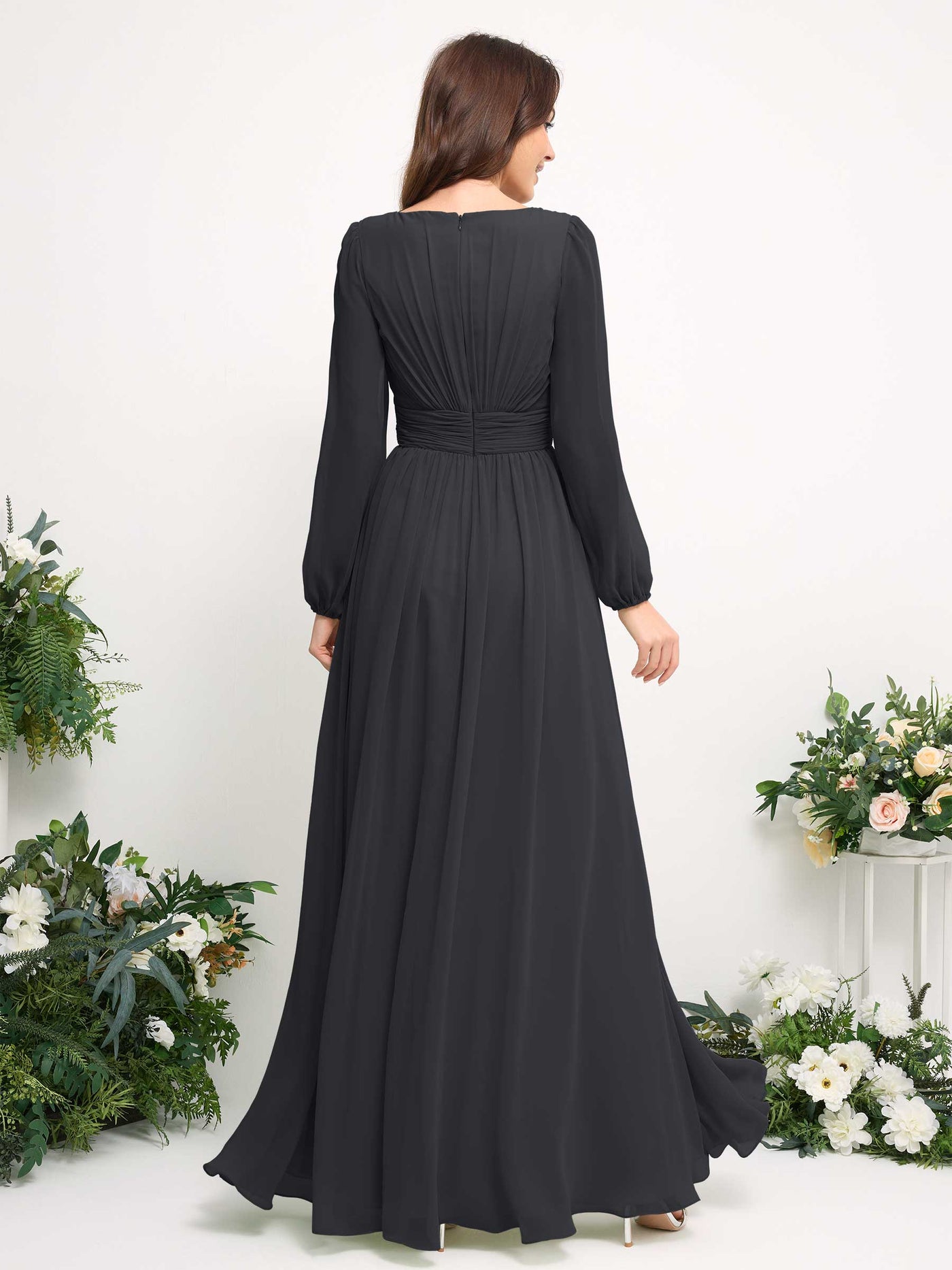 Carlyna A-Linien-Kleid mit U-Boot-Ausschnitt Chiffon Langarmkleid für Brautjungfer Zinnfarben #farbe_zinnfarben