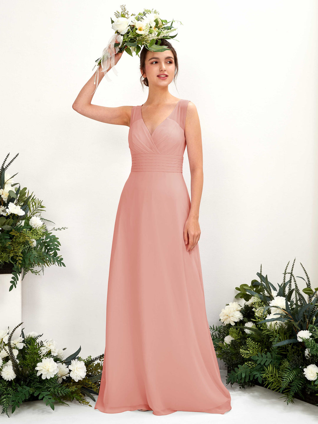 Carlyna A-Linien-Kleid mit V-Ausschnitt bodenlanges Brautjungfernkleid Champagner-Rose 