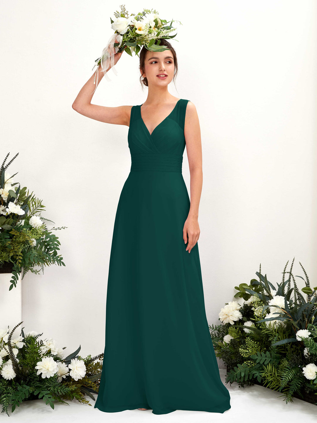 Carlyna A-Linien-Kleid mit V-Ausschnitt bodenlanges Brautjungfernkleid Dunkelsmaragd 