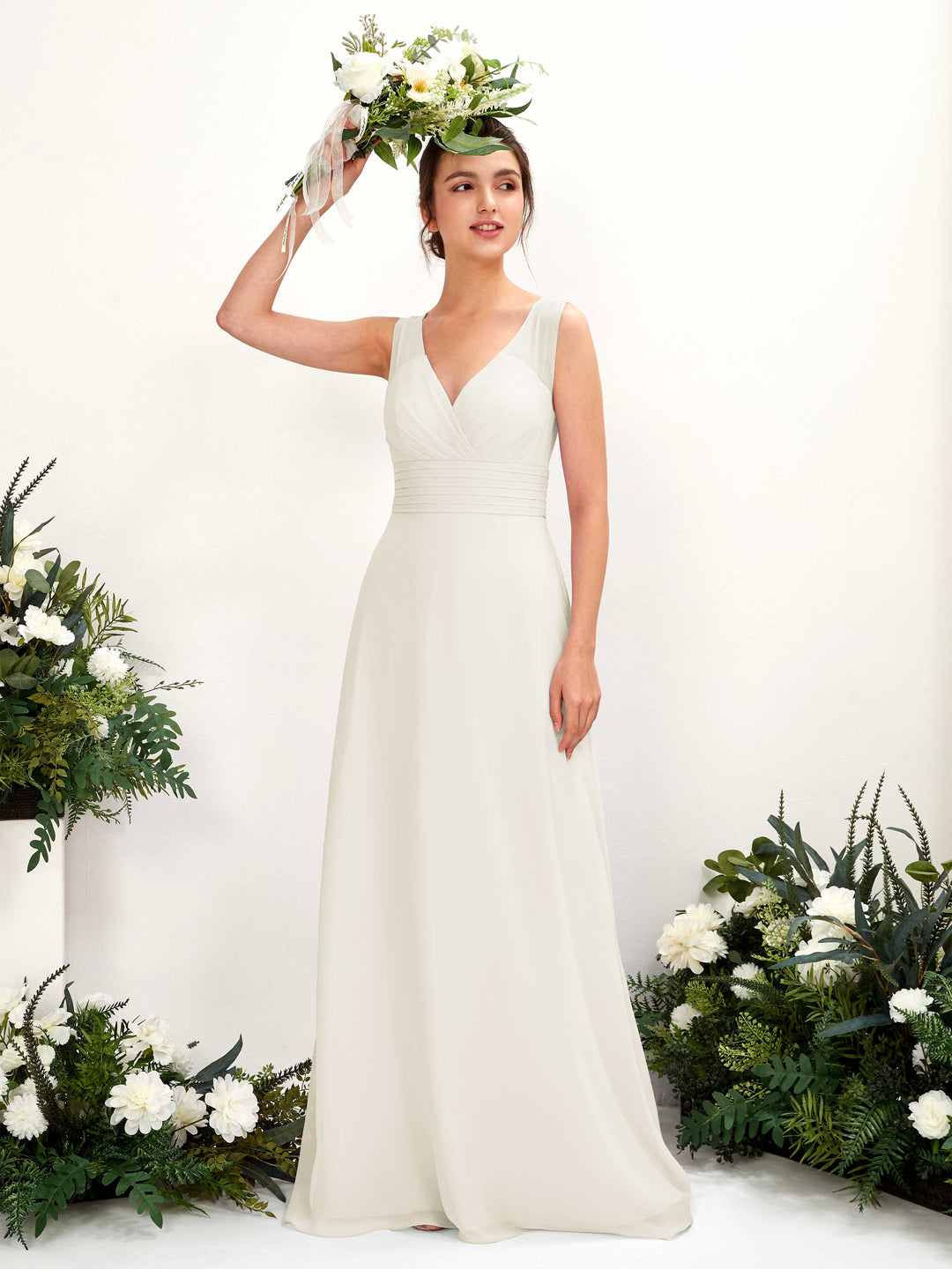 Carlyna A-Linien-Kleid mit V-Ausschnitt bodenlanges Brautjungfernkleid Elfenbein 