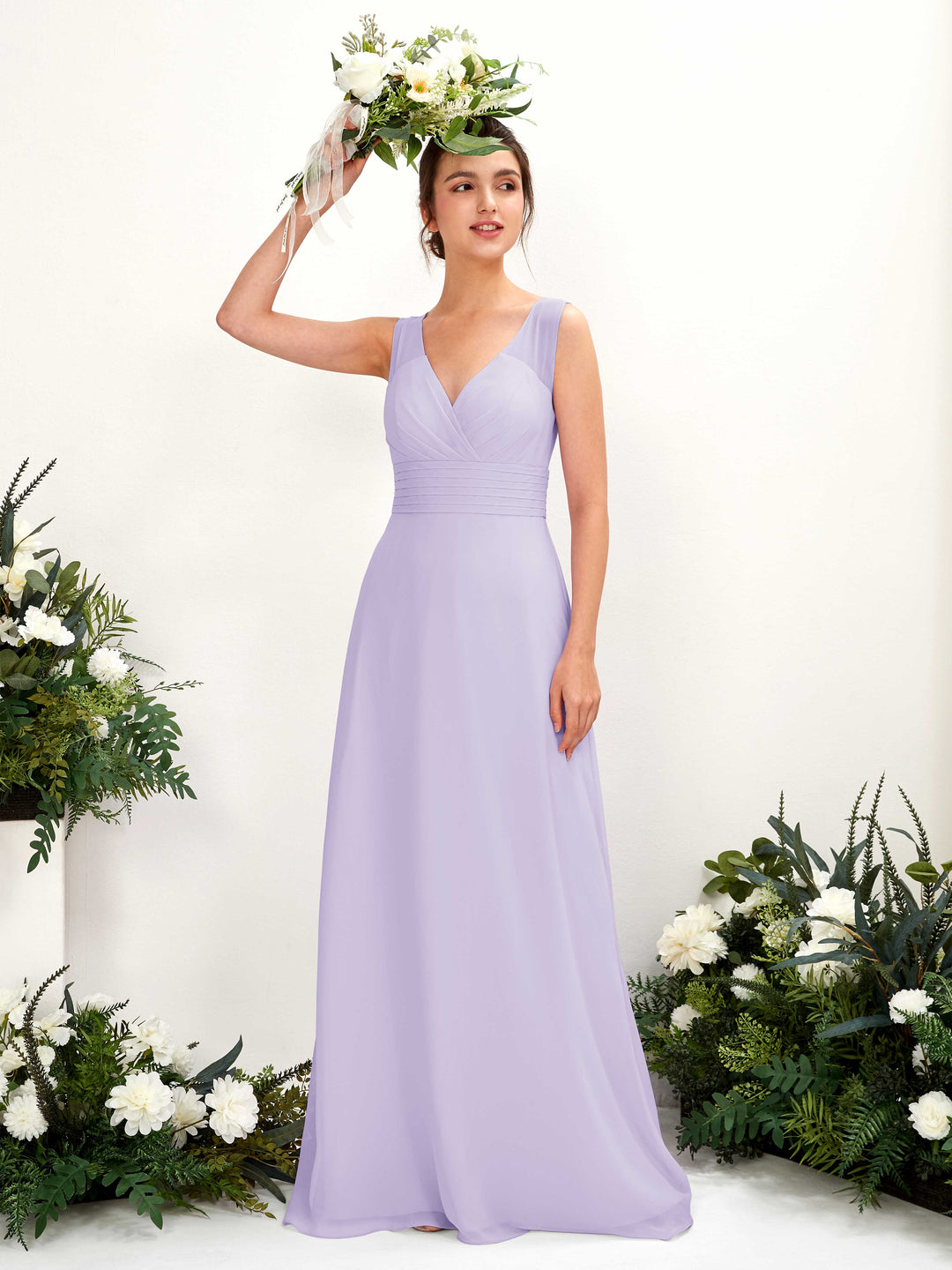 Carlyna A-Linien-Kleid mit V-Ausschnitt bodenlanges Brautjungfernkleid Flieder 