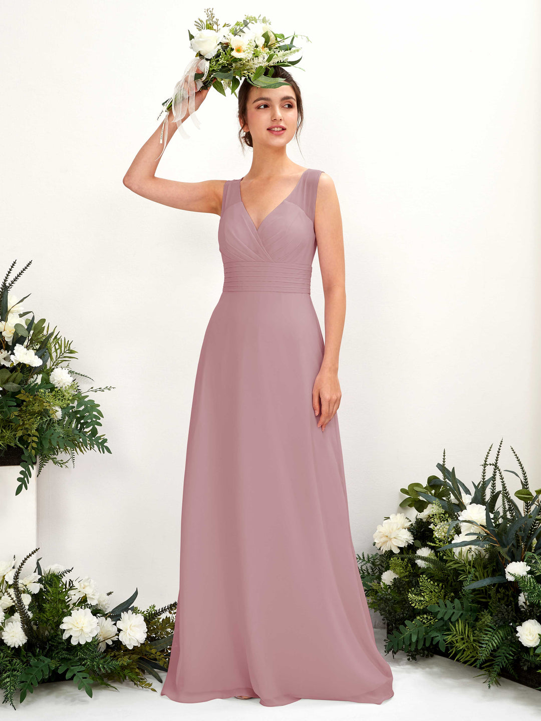 Carlyna A-Linien-Kleid mit V-Ausschnitt bodenlanges Brautjungfernkleid Klassisch Mauve 