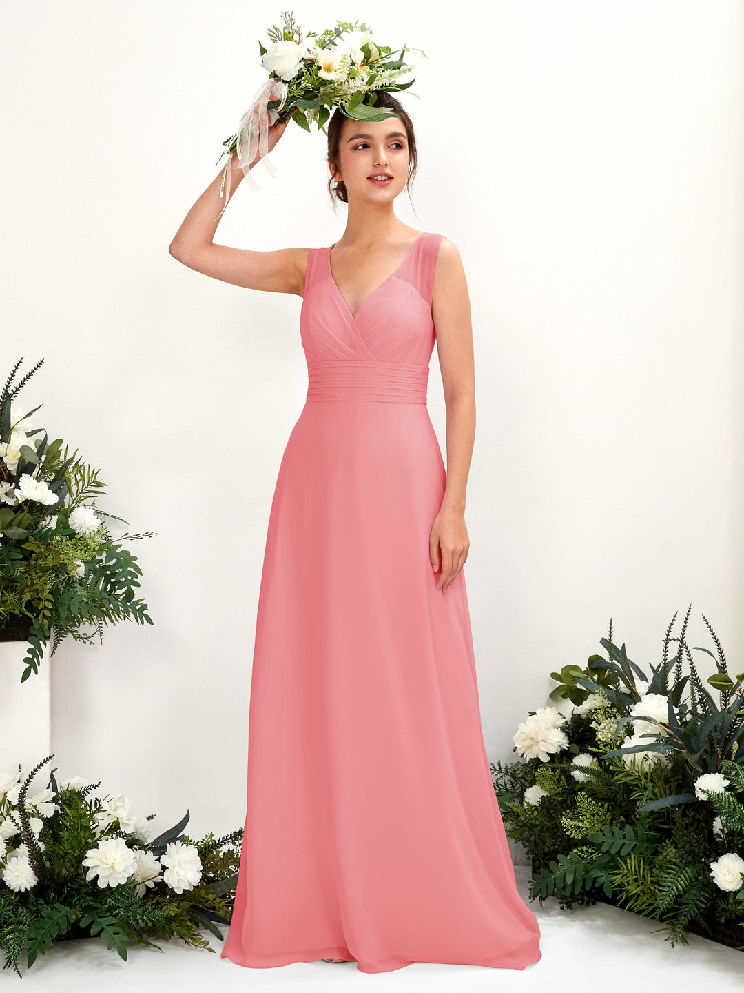 Carlyna A-Linien-Kleid mit V-Ausschnitt bodenlanges Brautjungfernkleid Korallenrosa 