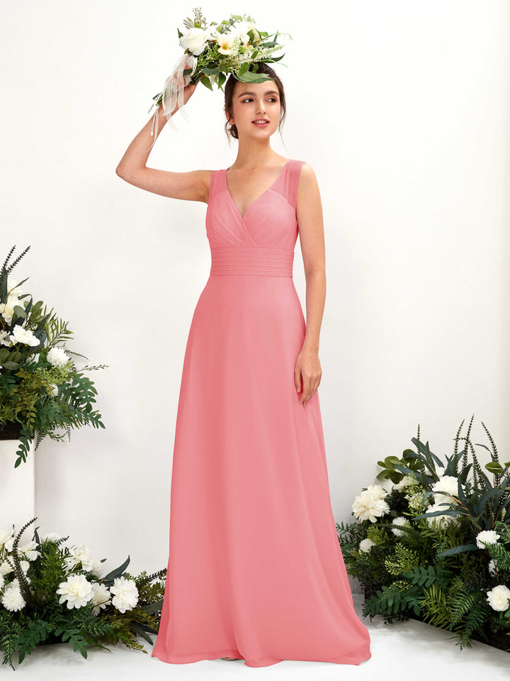 Carlyna A-Linien-Kleid mit V-Ausschnitt bodenlanges Brautjungfernkleid Korallenrosa 