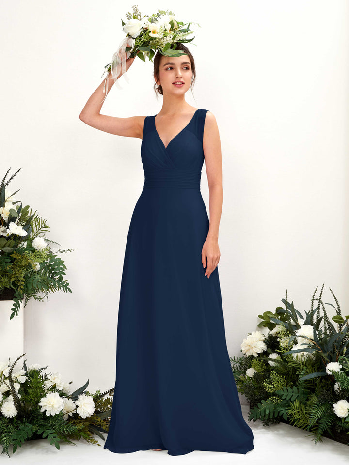 Carlyna A-Linien-Kleid mit V-Ausschnitt bodenlanges Brautjungfernkleid Marineblau 