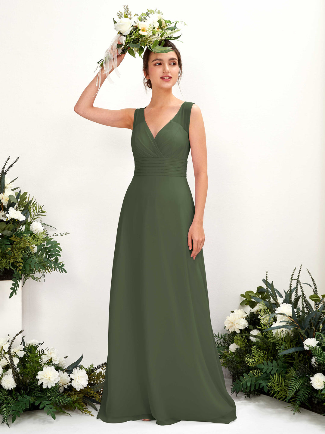 Carlyna A-Linien-Kleid mit V-Ausschnitt bodenlanges Brautjungfernkleid Martini-Olive 