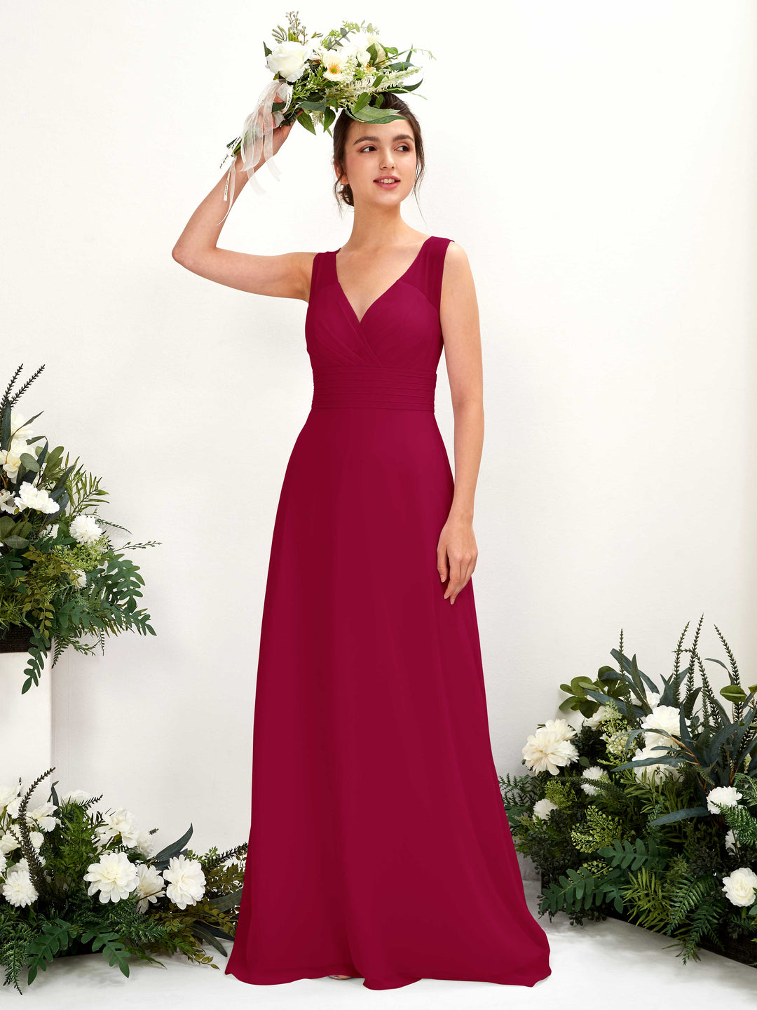Carlyna A-Linien-Kleid mit V-Ausschnitt bodenlanges Brautjungfernkleid Narrenrot 