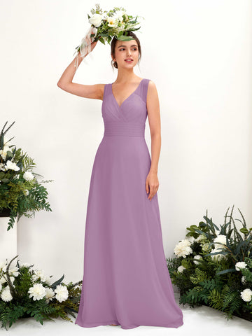 Carlyna A-Linien-Kleid mit V-Ausschnitt bodenlanges Brautjungfernkleid Orchideen-Nebel #farbe_orchideen-nebel