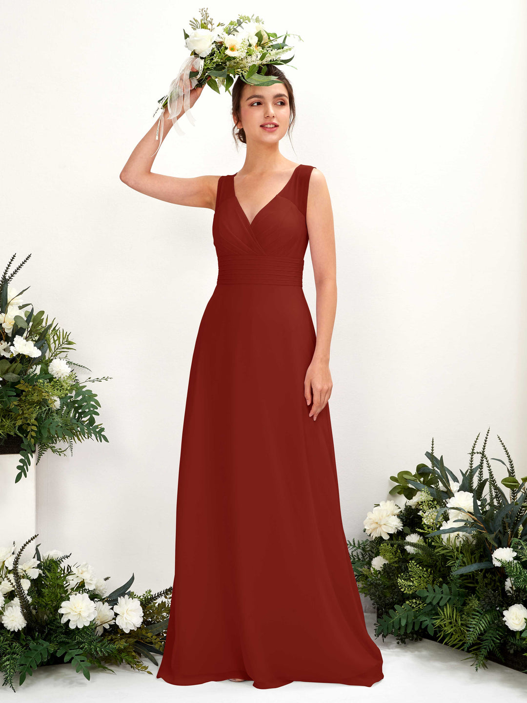 Carlyna A-Linien-Kleid mit V-Ausschnitt bodenlanges Brautjungfernkleid Rostrot 