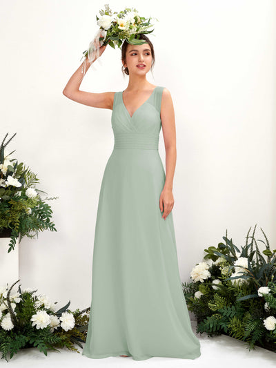 Carlyna A-Linien-Kleid mit V-Ausschnitt bodenlanges Brautjungfernkleid Salbeigrün #farbe_salbeigr-n