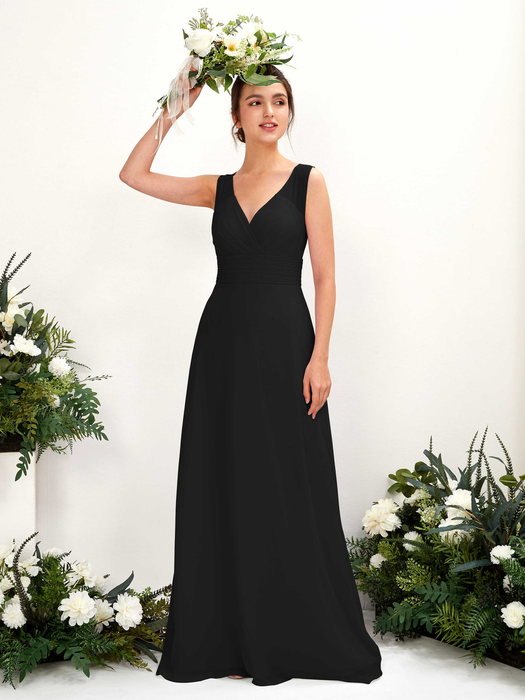 Carlyna A-Linien-Kleid mit V-Ausschnitt bodenlanges Brautjungfernkleid Schwarz 