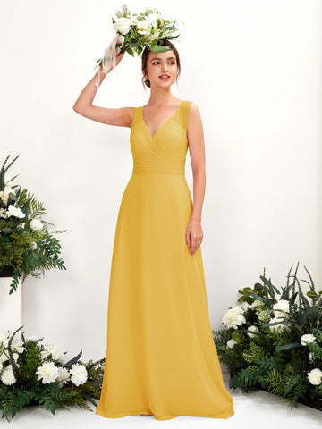 Carlyna A-Linien-Kleid mit V-Ausschnitt bodenlanges Brautjungfernkleid Senfgelb #farbe_senfgelb