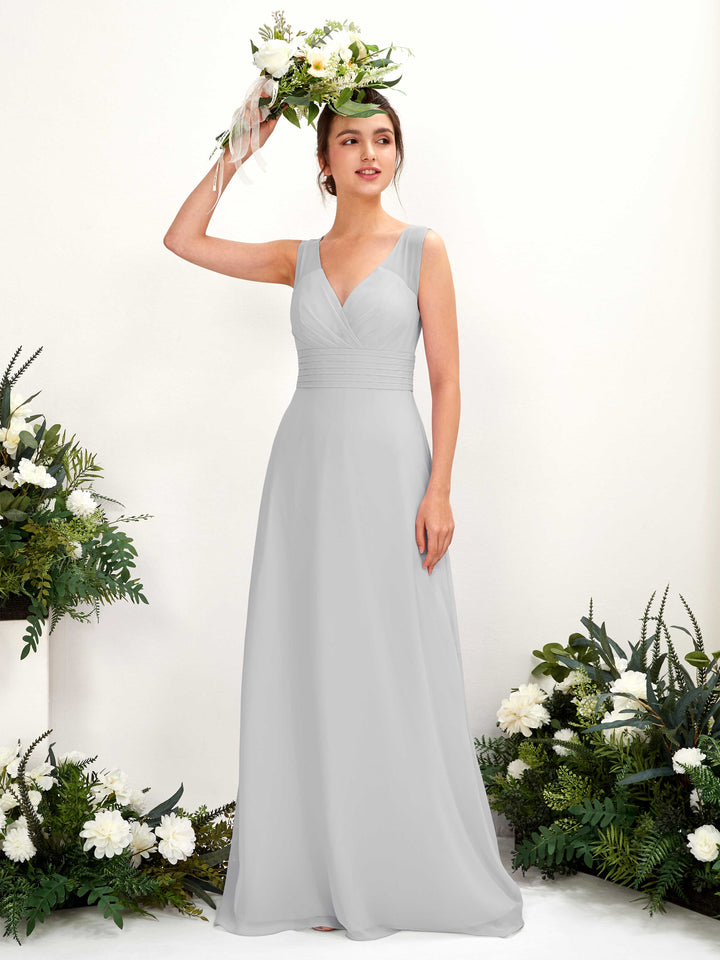 Carlyna A-Linien-Kleid mit V-Ausschnitt bodenlanges Brautjungfernkleid Silber 
