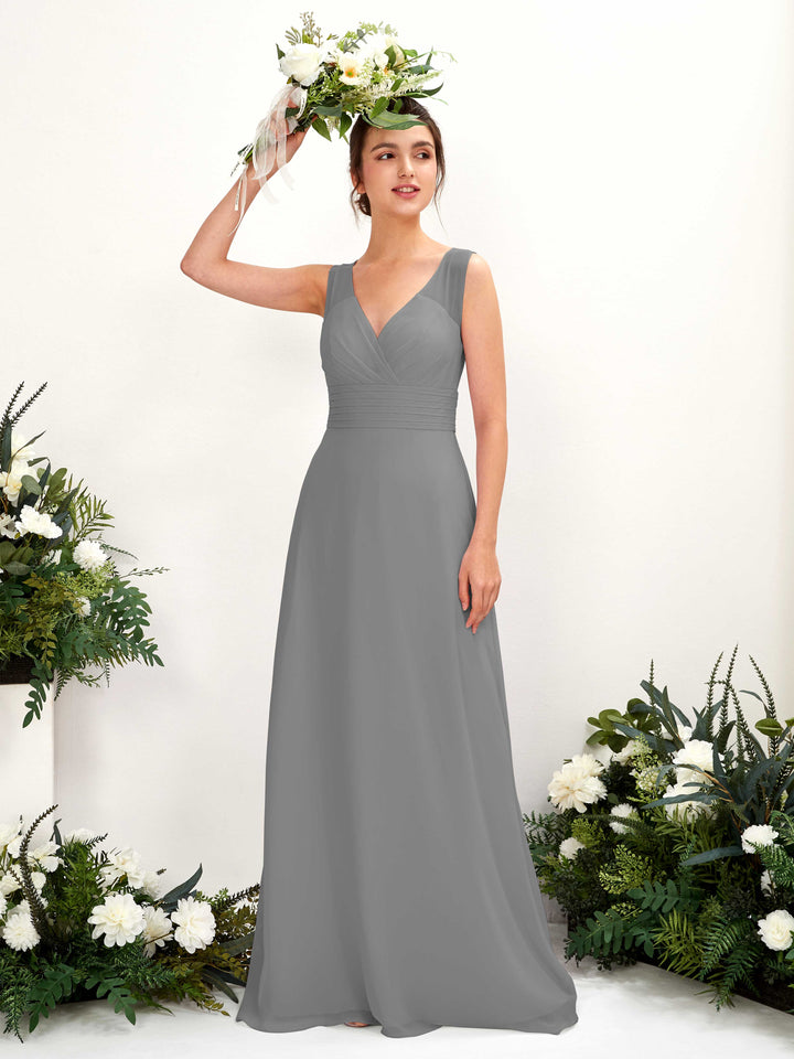 Carlyna A-Linien-Kleid mit V-Ausschnitt bodenlanges Brautjungfernkleid Stahlgrau 