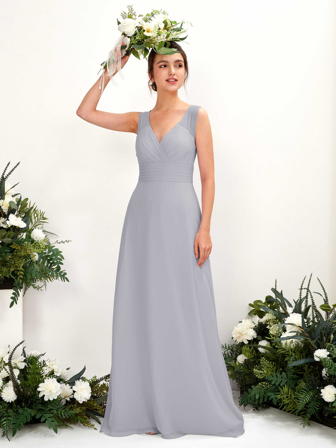Carlyna A-Linien-Kleid mit V-Ausschnitt bodenlanges Brautjungfernkleid Staubiger Lavendel 