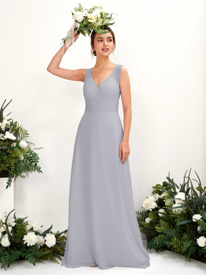 Carlyna A-Linien-Kleid mit V-Ausschnitt bodenlanges Brautjungfernkleid Staubiger Lavendel 